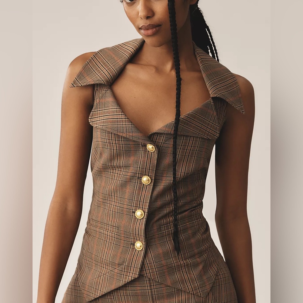 Anthropologie Maeve Plaid Collared Vest Gold Accents Tailored Coquette Chic